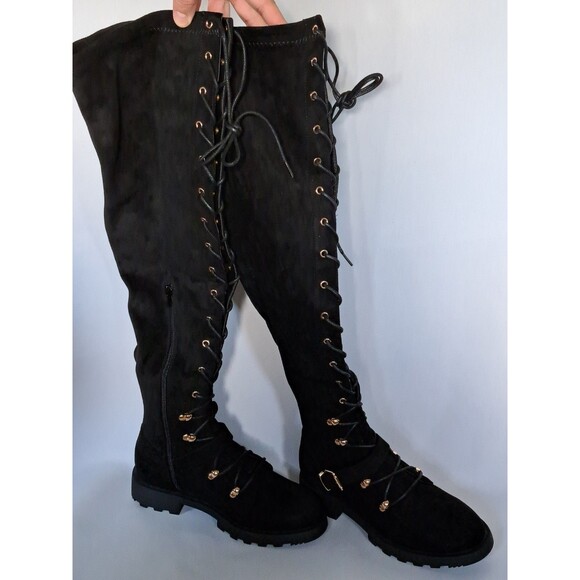 JustFab Phyllida Flat Black Over the Knee Lace Up Boots Women's Size 7 NEW NIB - Picture 1 of 10